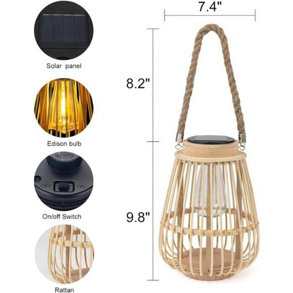 Solar Rattan Lantern Outdoor Hanging Garden Patio Light Waterproof Table Decor - Picture 5 of 8